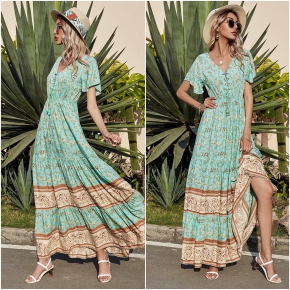 Floral print v neck lace up ruffle hem maxi dress - Picture 4 of 7